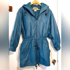 Vintage Otello Pelle women's S small oversized blue leather jacket coat lined